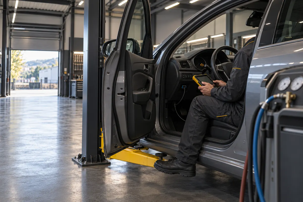 Mechanic in the driver’s seat reading the fault memory with a diagnostic tablet