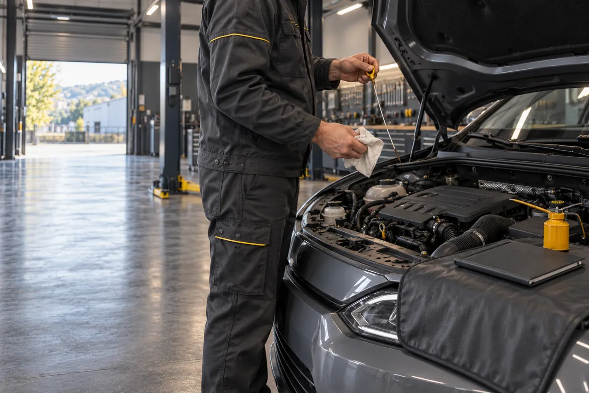 Mechanic checking the oil level with the dipstick at the open engine bay