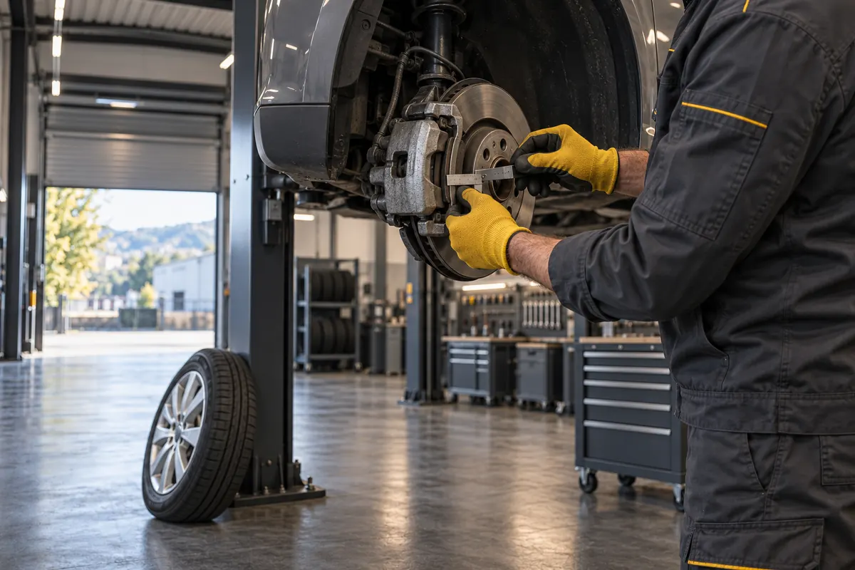 Mechanic checking a car’s brakes and tyres on the lift before the HU/AU inspection
