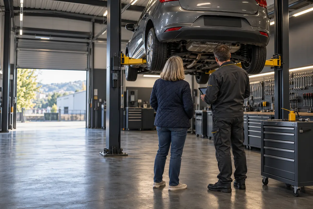 View into the workshop with vehicle lift and tool wall